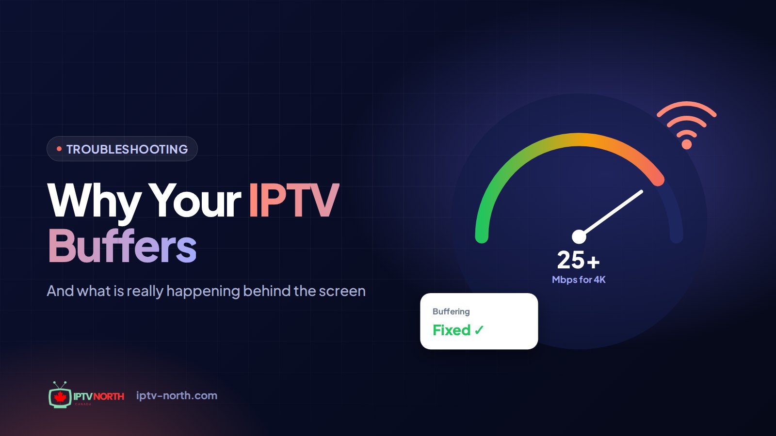 Diagram-style illustration of a live stream travelling from server to TV, explaining why IPTV buffers