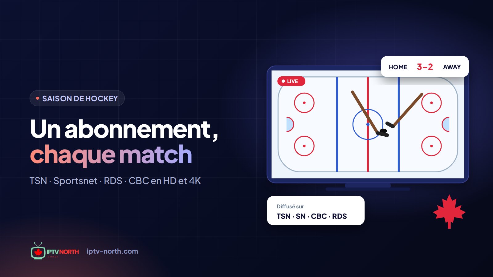 Amateur de hockey qui utilise une seule application IPTV pour regarder chaque équipe canadienne de la LNH en direct sur la télé du salon