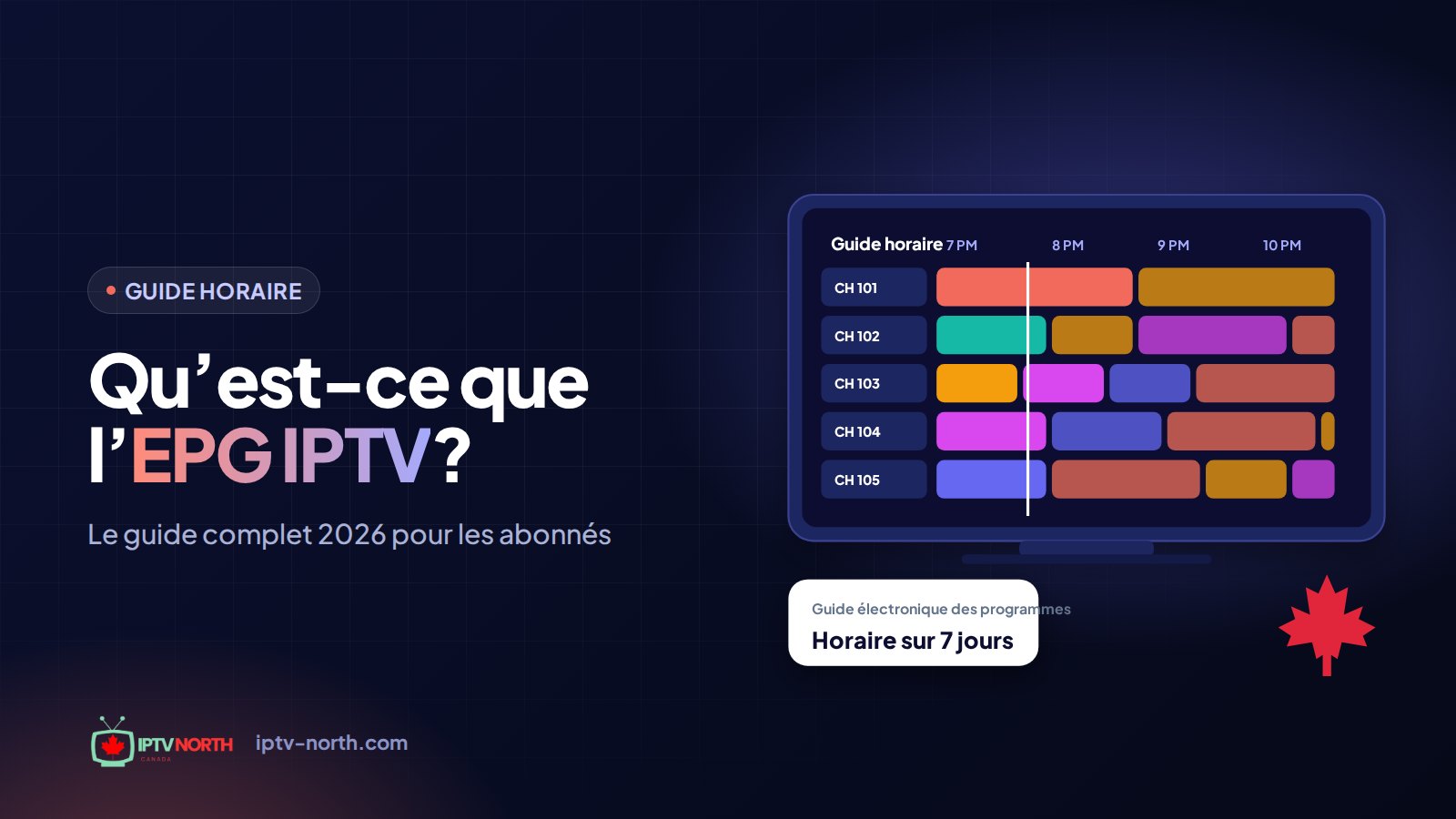 Grille du guide horaire EPG IPTV sur une télé, avec des chaînes canadiennes et des matchs de hockey à l'horaire