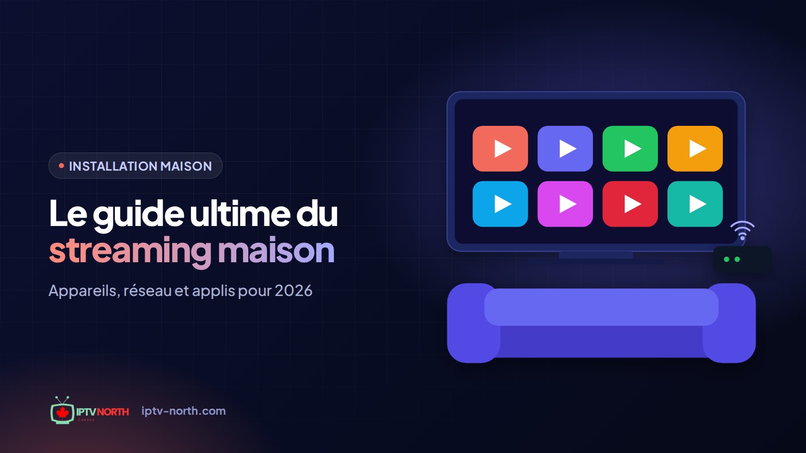 Salon avec télé 4K, barre de son et routeur pour une installation de streaming à la maison au Canada