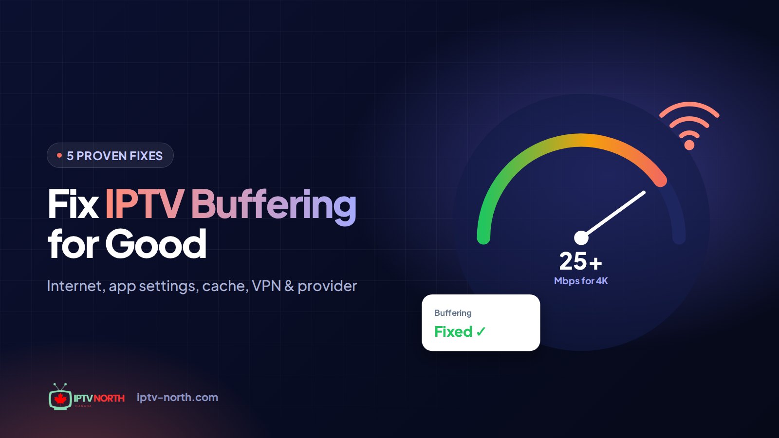 Hand holding a remote in front of a TV showing a loading wheel, illustrating how to fix IPTV buffering in 2026