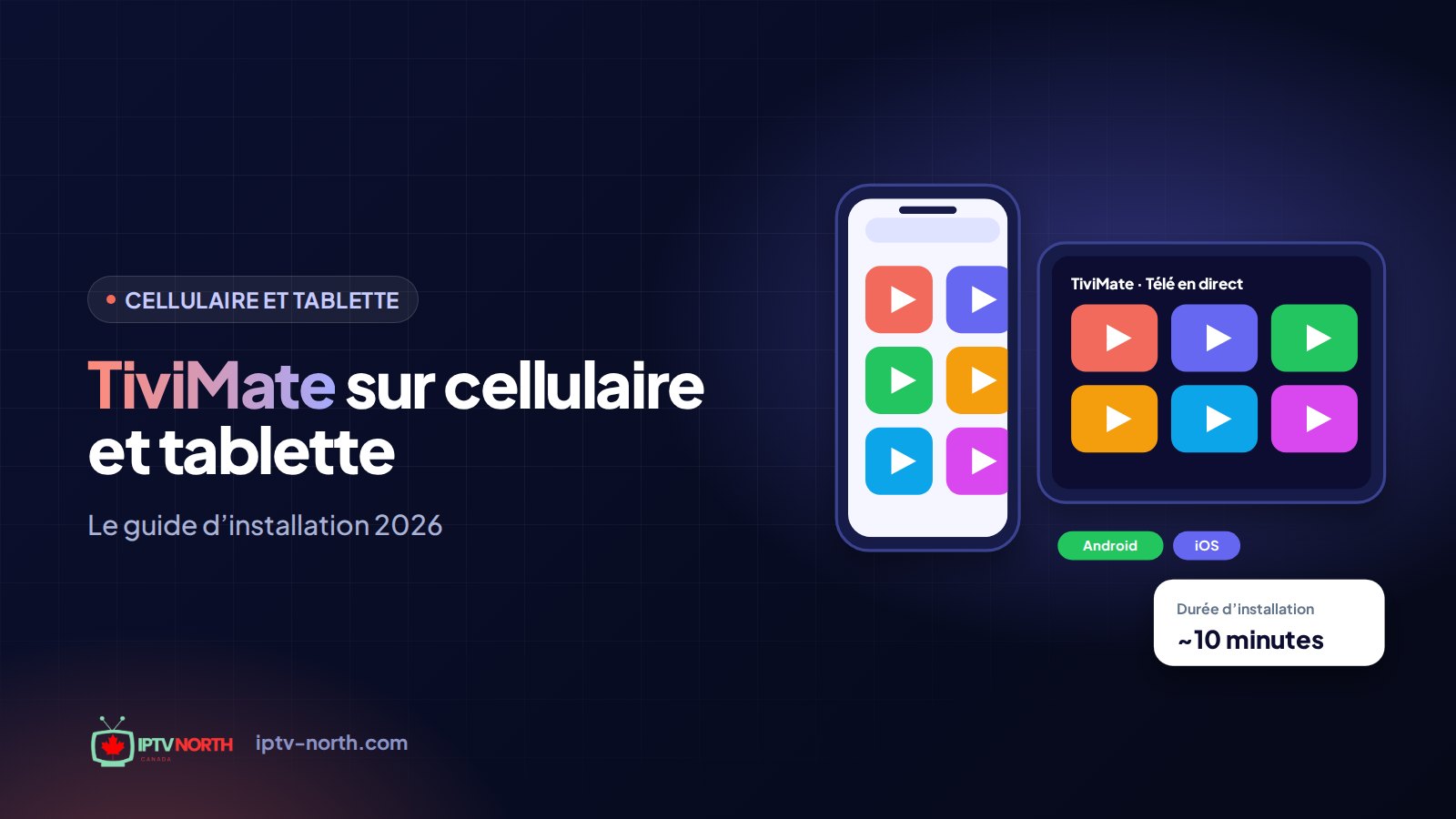 Tablette et cellulaire Android affichant le lecteur IPTV TiviMate pendant l'installation