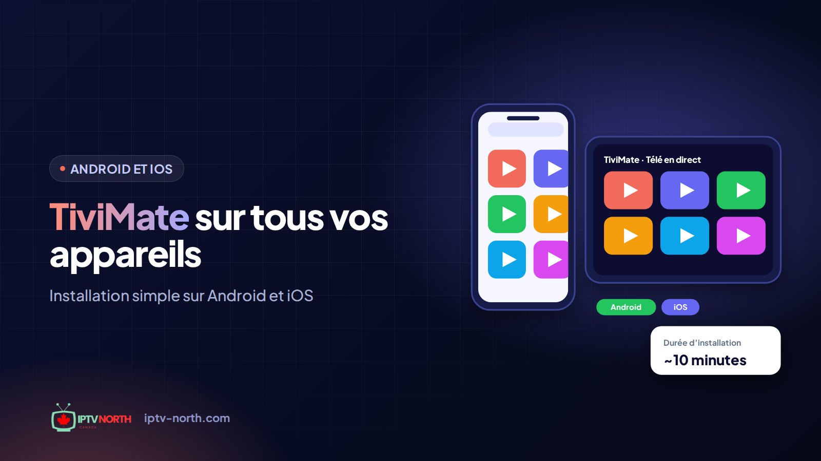 Cellulaire Android avec TiviMate à côté d'un iPad avec un lecteur IPTV, les deux diffusant du hockey en direct