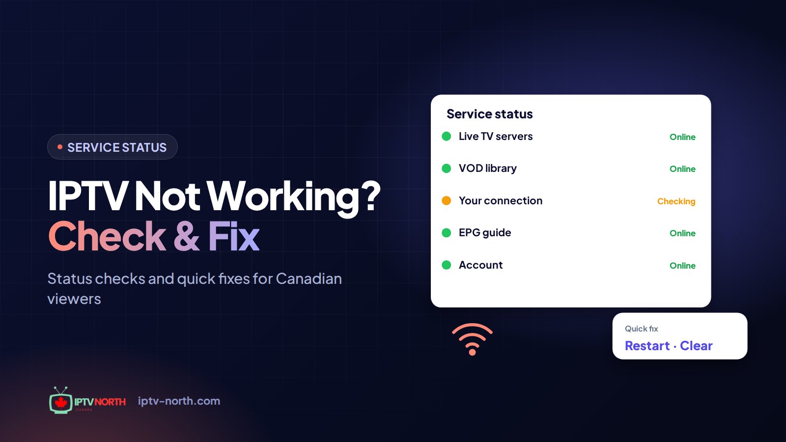 TV showing an error message next to a checklist, illustrating what to do when IPTV is not working in Canada