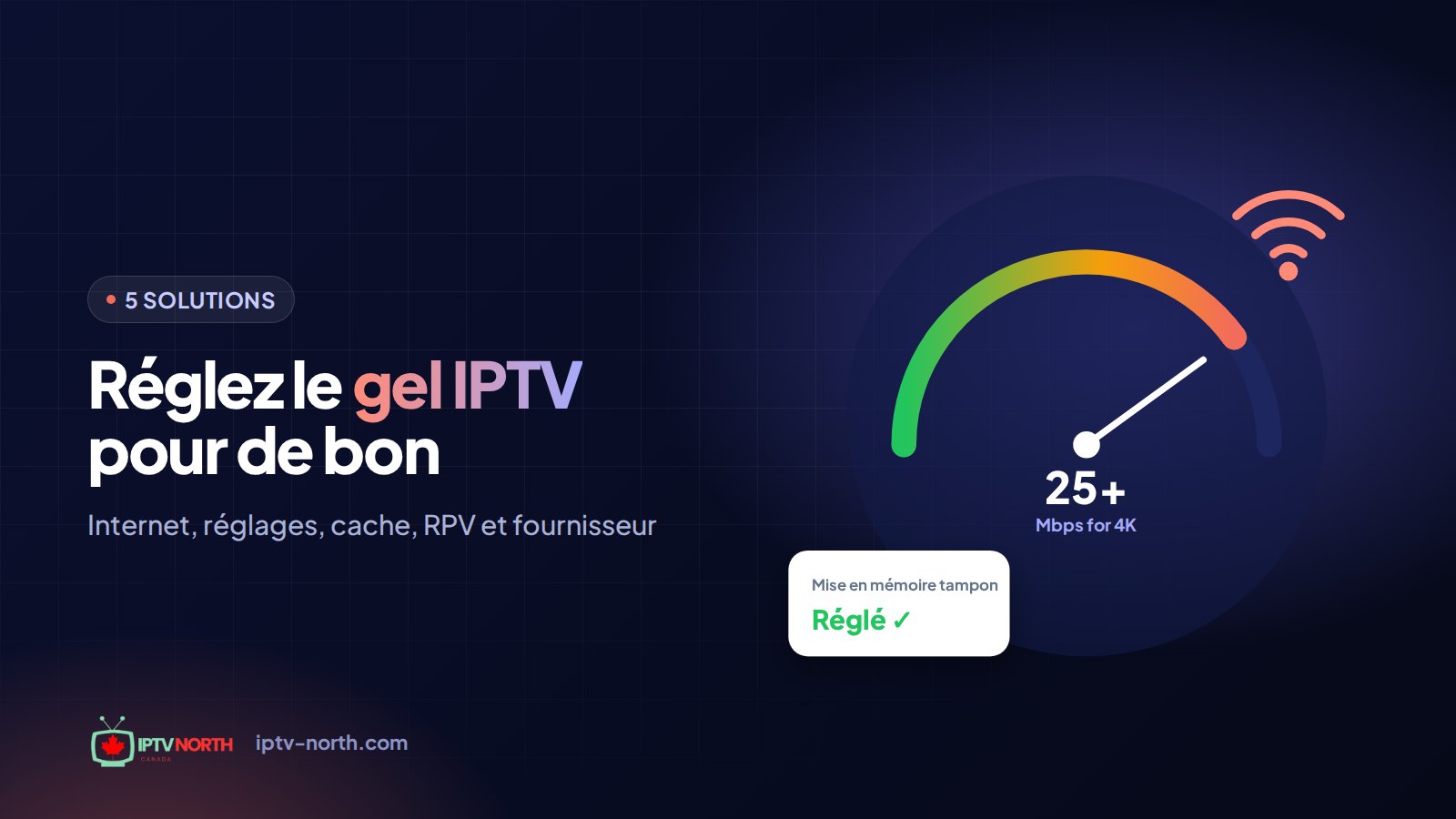 Main tenant une télécommande devant une télé affichant une roue de chargement, illustrant comment régler la mise en mémoire tampon IPTV en 2026